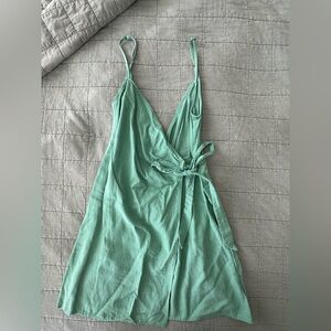 Show Me Your Mumu Green Linen Wrap Mini Dress